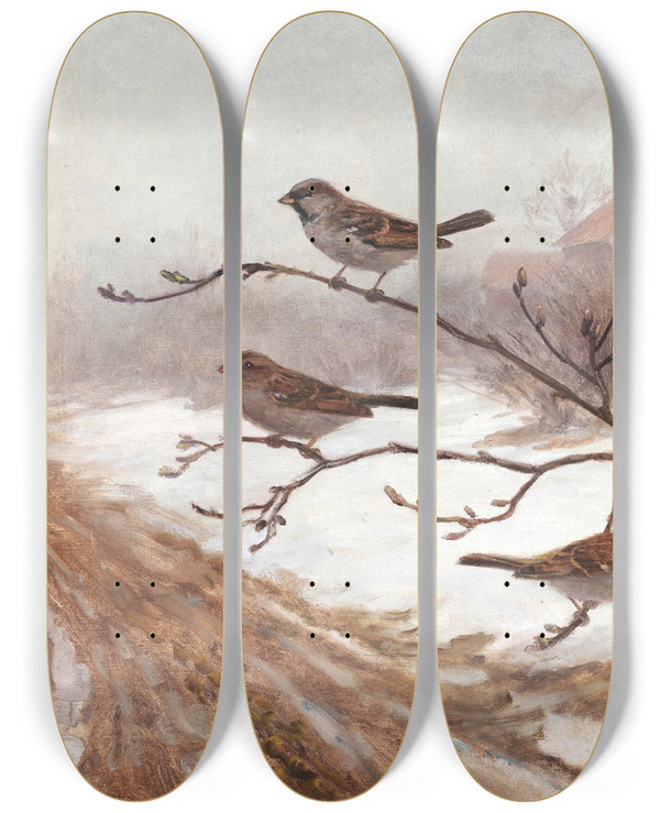Triptych art skateboard deck of Anders Abrahamsen Kongsrud A Winter Scene With Birds by Anders Abrahamsen Kongsrud