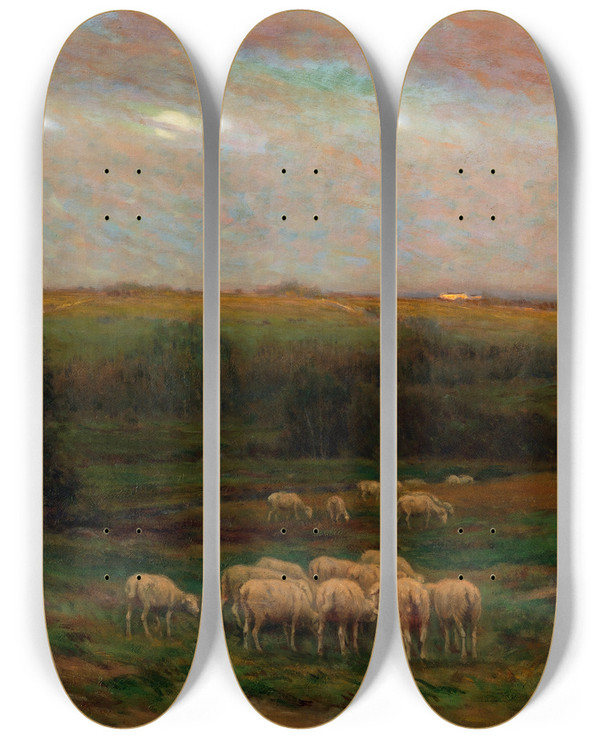 Triptych art skateboard deck of Carleton Wiggins Evening After A Shower_1 by Carleton Wiggins (1848-1932)