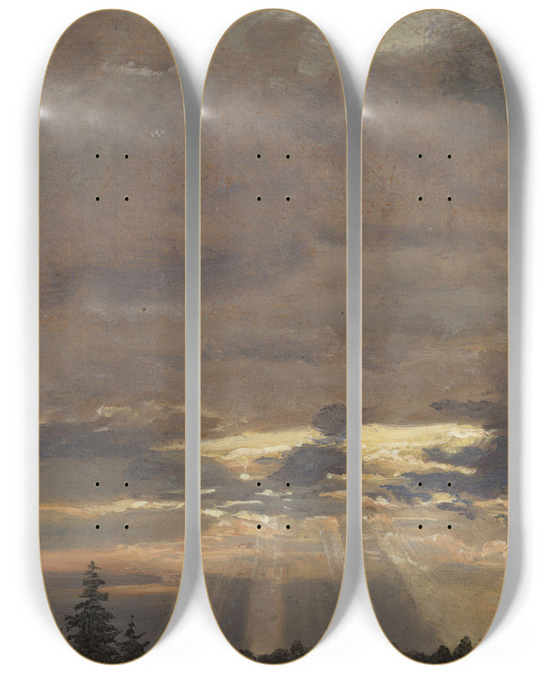 Triptych art skateboard deck of Johan Christian Dahl Cloud Study With Sunbeams by Johan Christian Dahl (1788-1857)