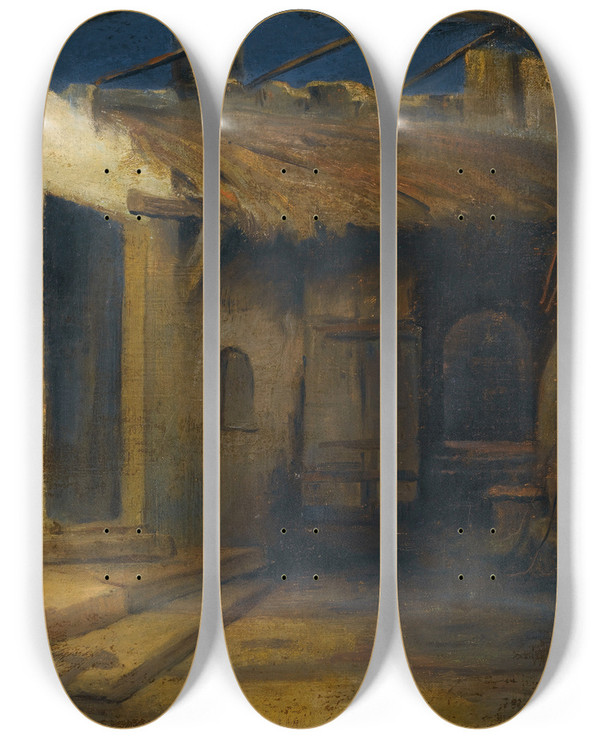 Triptych art skateboard deck of Polychronis Lembessis A Courtyard by Polychronis Lembessis (1849-1913)