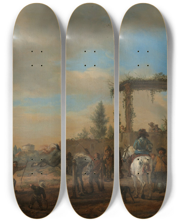 Triptych art skateboard deck of Philips Wouwerman The Riding School_2 by Philips Wouwerman (1619-1668)
