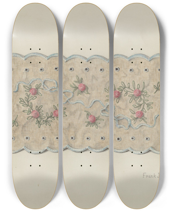 Triptych art skateboard deck of Frank Nelson Pin Cushion Doily by Frank Nelson