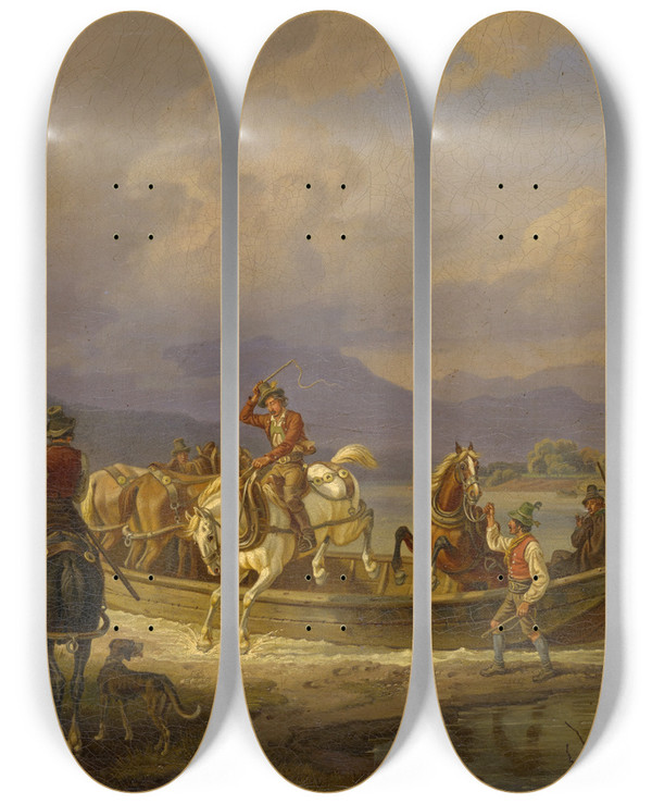 Triptych art skateboard deck of Johann Adam Klein Riders Disembarking A Ship by Johann Adam Klein (1792-1875)
