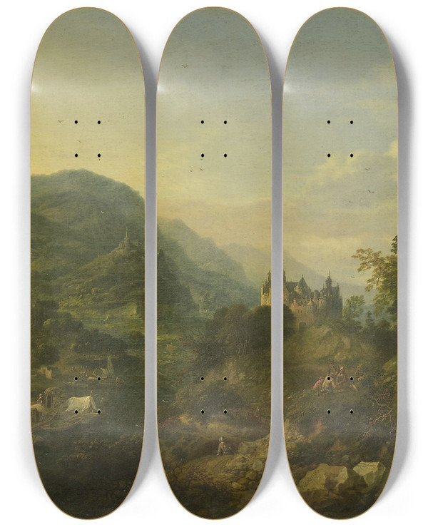 Triptych art skateboard deck of Jan Griffier River View by Jan Griffier (1648-1718)