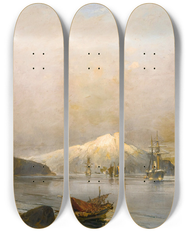 Triptych art skateboard deck of Constantinos Volanakis Acoastal Bay by Konstantinos Volanakis (1837-1907)