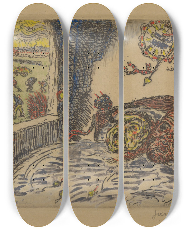 Triptych art skateboard deck of James Ensor De Luiheid_1 by James Ensor (1860-1949)