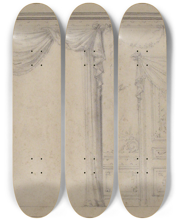 Triptych art skateboard deck of Charles Monblond Design For Wall Treatment With Window And Door by Charles Monblond (19-)