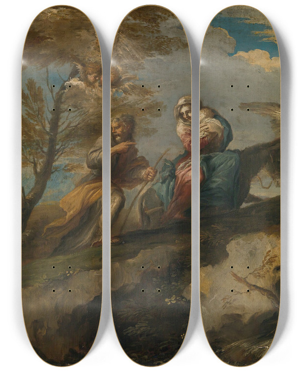 Triptych art skateboard deck of Giovanni Battista Ranieri Del Pace The Flight Into Egypt by Giovanni Battista Ranieri Del Pace (1681-1738)