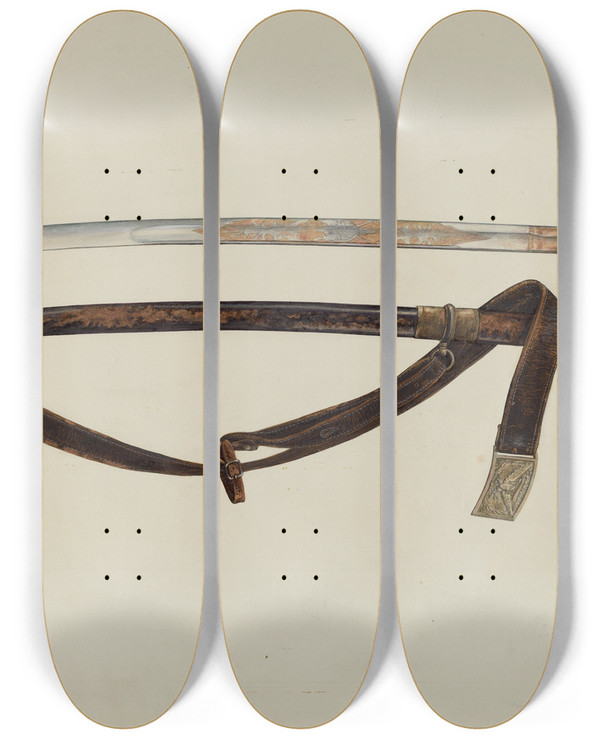 Triptych art skateboard deck of Ar Tolman Sword by A R Tolman