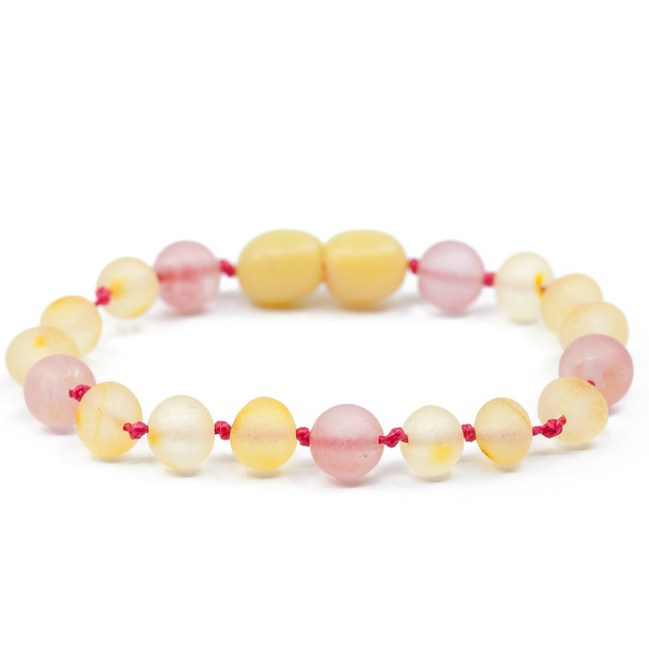 Maximum Strength Raw Amber Teething, Colic \u0026 Reflux Ankle Bracelet Mixed with Rose Quartz