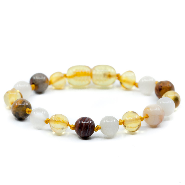 Polished Lemon Amber Authentic Bracelet Mixed With Agate and Moonstone