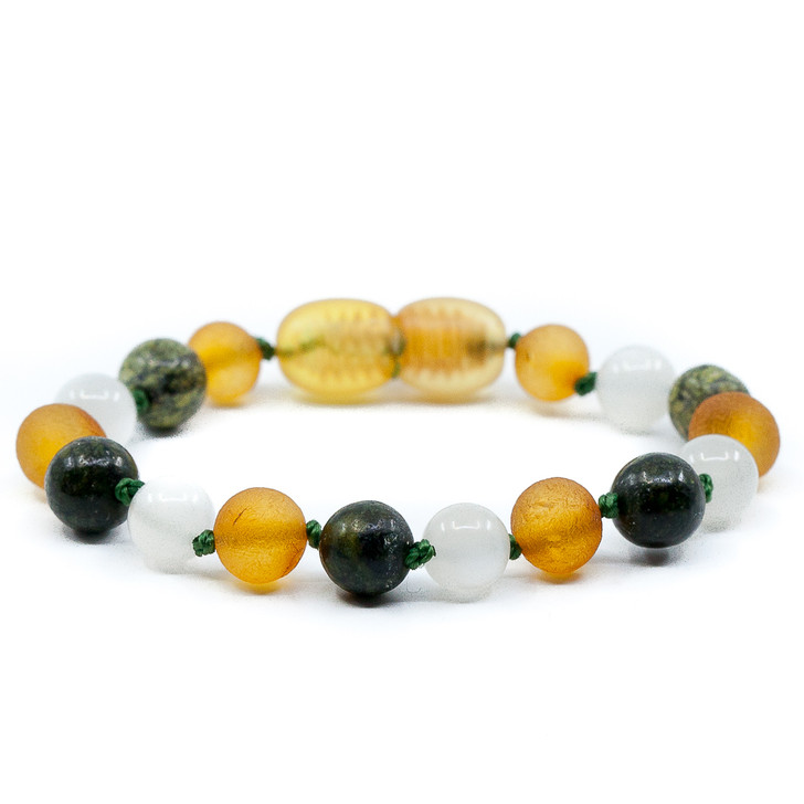 Honey Amber Raw Bracelet Mixed With Green Lace Stone and Moonstone