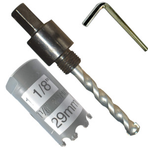 1 1-8 inch Carbide Hole Saw Kit inc 29mm Tungsten Hole Saw 3-8" Hex Hole Saw Arbor Hex Key Arbor Fitted With Masonry TCT Pilot Drill For Concrete Wall Tile Brick Drywall Masonry Fiberglass Plaster 1 1-8 inch Carbide Hole Saw Kit inc 29mm Tungsten Hole Saw 3-8" Hex Hole Saw Arbor Hex Key Arbor Fitted With Masonry TCT Pilot Drill For Concrete Wall Tile Brick Drywall Masonry Fiberglass Plaster
