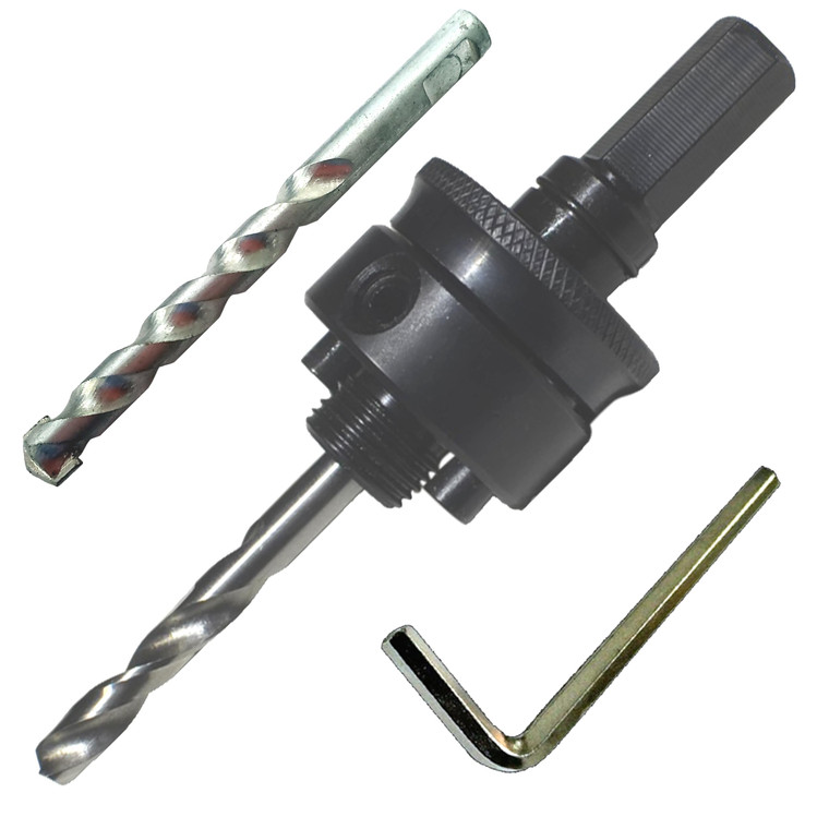 Quick Change Hole Saw Arbor With HSS Pilot Drill For Wood And Steel 7-16 inch End Push Pull Pins into Hole Saw Does Not Unscrew in Use Fits Hole Saws 1 1-4" To 6" inc TCT Pilot Drill For Masonry