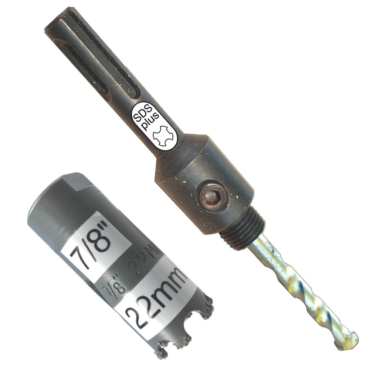 7/8" Tungsten Carbide Hole Saw Kit inc 22mm Carbide Hole Saw Sds Plus Hole Saw Arbor Fitted With Masonry TCT Pilot Drill For Concrete Wall Tile Brick Drywall Masonry Fiberglass Plaster