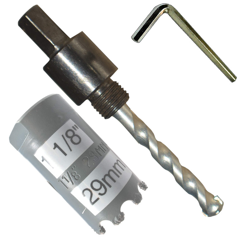 1 1-8 inch Carbide Hole Saw Kit inc 29mm Tungsten Hole Saw 3-8" Hex Hole Saw Arbor Hex Key Arbor Fitted With Masonry TCT Pilot Drill For Concrete Wall Tile Brick Drywall Masonry Fiberglass Plaster