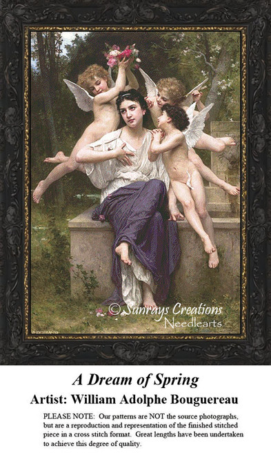 A woman crowned by cherubs in a spring garden, designed as a counted cross stitch kit by William Adolphe Bouguereau.