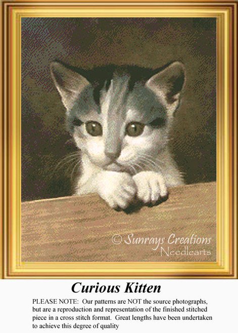 A curious kitten peeks over the edge of a cupboard, resting its paws on the surface, in this counted cross stitch pattern. The cat's soulful eyes