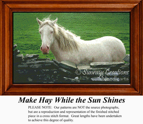 A white horse stands beside a stone fence in a meadow, shown as a counted cross stitch pattern titled Make Hay While the Sun Shines.