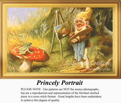 An elf holds a palette while painting a frog sitting on a mushroom, part of the xstitch pattern by Sunrays Creations.