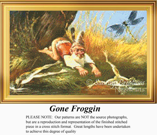 An elf lies on the ground, diving toward a pond after a frog, created as a counted cross stitch pattern. A dragonfly hovers nearby.