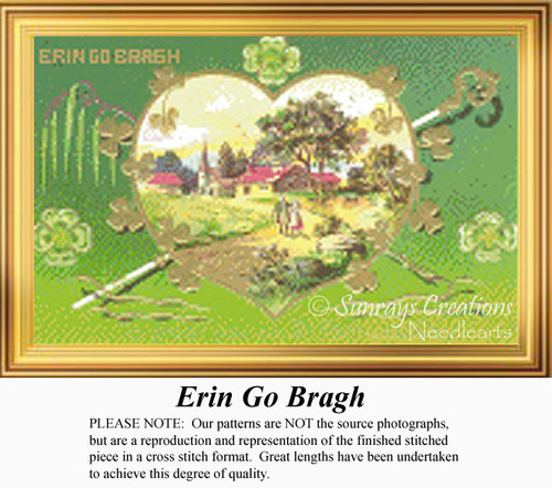 A green design featuring a heart shape with a scenic view of Ireland, clovers, and the text "Erin Go Bragh," available as a digital file.