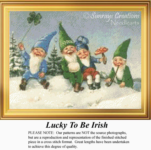 A group of four cheerful elves enjoying a snowy scene, celebrating their Irish heritage. This image is a printable pattern for cross stitch.