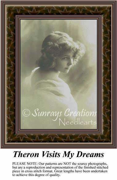 A young woman in a flowing white gown is softly illuminated, reimagined as a counted cross stitch pattern.