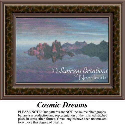 A dreamy landscape of mountains under a soft atmosphere is transformed into a counted cross stitch pattern.