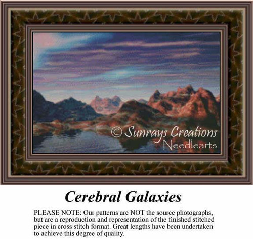 Colorful striped mountains rise above a calm body of water, waiting as your next cross stitch project.