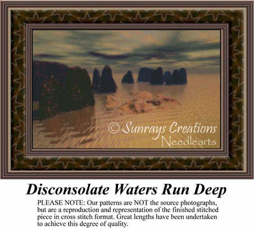 Rocks and crags emerge from murky waters beneath a soft sky, captured as a counted cross stitch pattern.