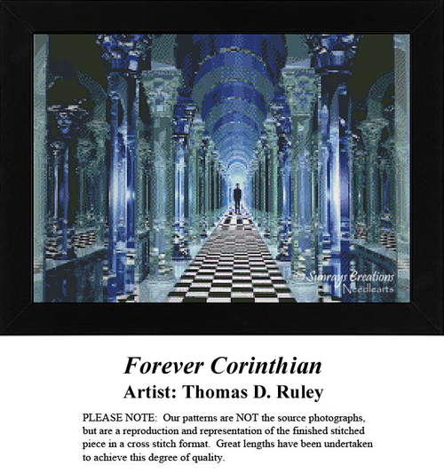 A series of blue glass columns line a black and white checkerboard aisle with a figure at the end, ready for your next cross stitch project.