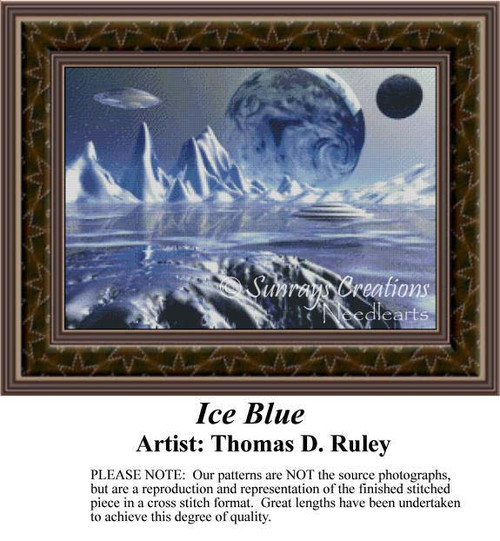 A cosmic winter scene with ice mountains and a blue lake, featuring spaceships and a low moon, as rendered in this xstitch chart by Thomas D. Ruley.