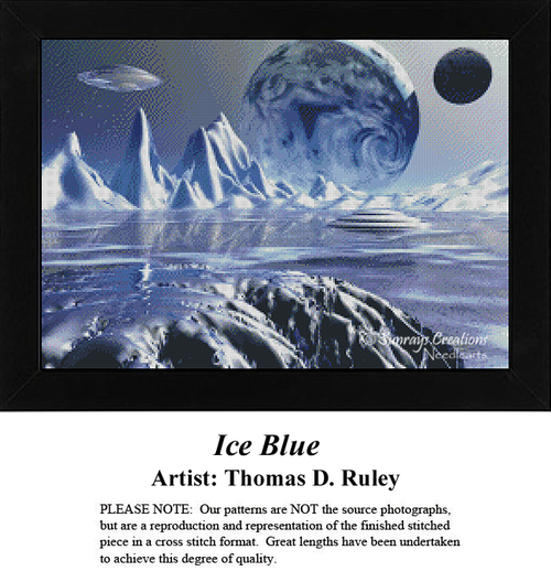 A cosmic winter scene with ice mountains and a blue lake, featuring spaceships and a low moon, as rendered in this xstitch chart by Thomas D. Ruley.