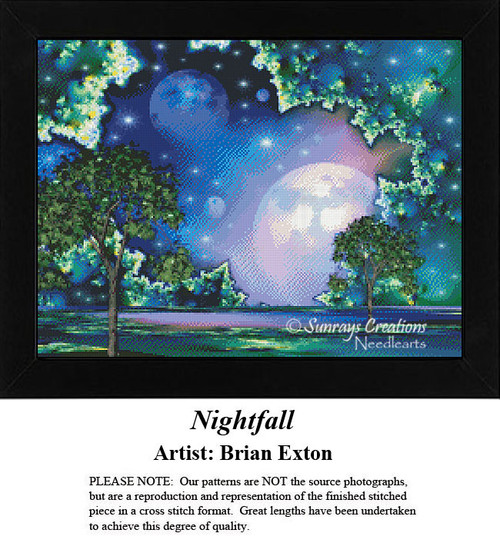 A serene night scene with trees and a large moon in the background, composed as a counted cross stitch pattern by Brian Exton.