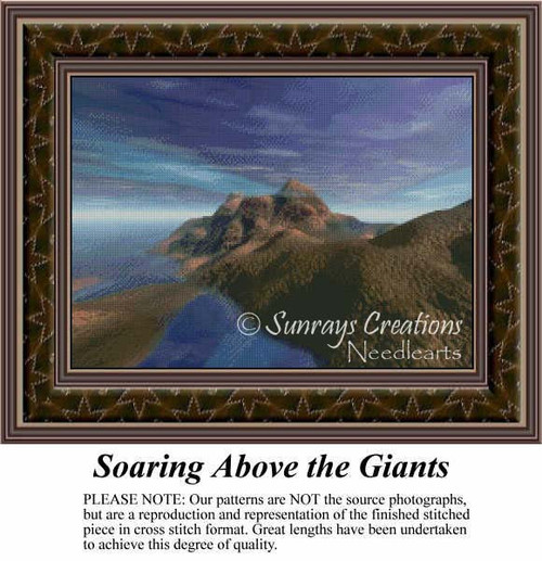 A bold mountainous terrain rises against a calm sky, reimagined as a counted cross stitch pattern that intrigues and soothes.