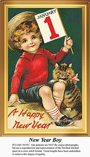 A young boy in a straw hat holds a January 1 sign with a cat beside him, brought to life as a counted cross stitch pattern.