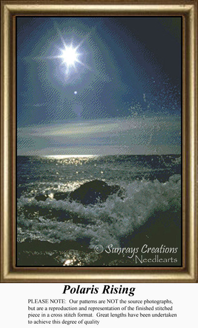 A bright star rises over dark ocean waters in this scenic downloadable pattern, featuring a nighttime sky and gentle waves below.