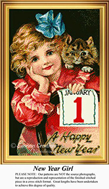 A little girl in a red dress holds a calendar marked January 1 with a cat on her shoulder, ready for your next cross stitch project.