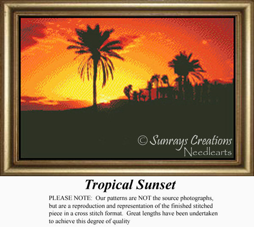A vibrant sunset in shades of orange, red, and yellow above a tropical silhouette is depicted in this counted cross stitch pattern.