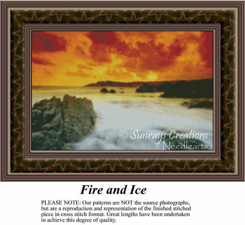 A vibrant sky in fiery oranges and yellows meets cool waters curling around dark rocks, available as a counted cross stitch pattern.