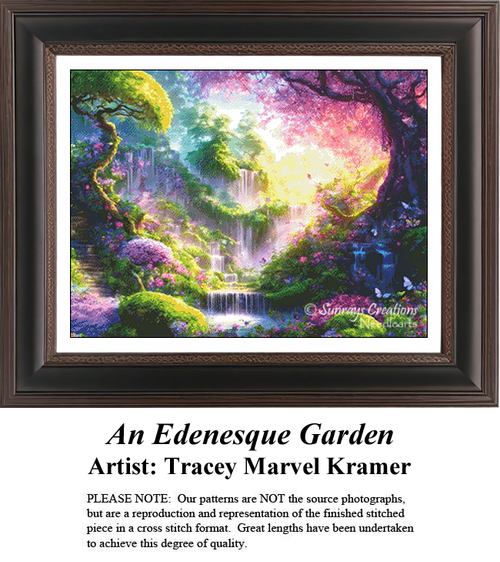 A vibrant, dreamlike garden landscape featuring tiers of cascading waterfalls, lush green mosses, and colorful blooming trees glowing under a magical, bright sunlight in an intricate needlework design.