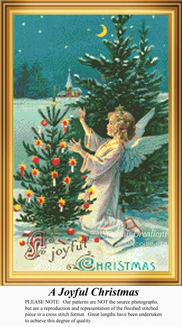 An angel decorates a Christmas tree with ornaments under a starry sky in this xstitch chart by Sunrays Creations, titled A Joyful Christmas.