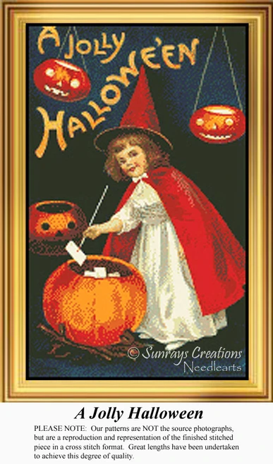 A little girl in a witch's costume picks names from a pumpkin bowl, vibrant orange pumpkins and lanterns surrounding her, perfect for an xstitch kit.
