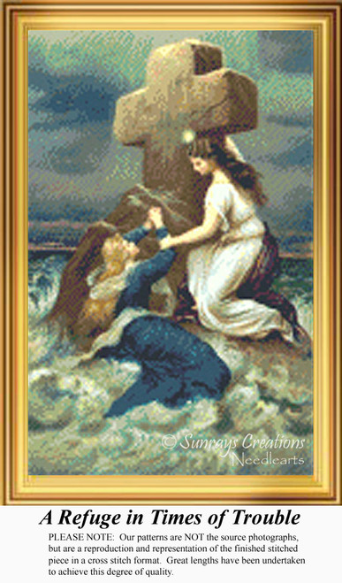 Two women cling to a large cross amidst rising waves, symbolizing hope in crisis. This PDF pattern is perfect for using DMC floss on aida cloth.