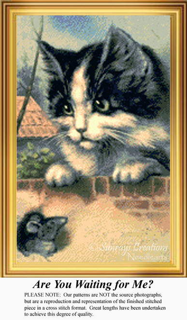 A curious mouse looks up at a cat's face, both depicted in soft colors, framed as a counted cross stitch chart.