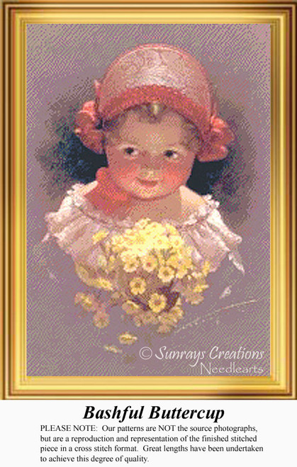 A shy little girl holds a bouquet of buttercup flowers near her chest, yours to stitch as a counted cross stitch chart.