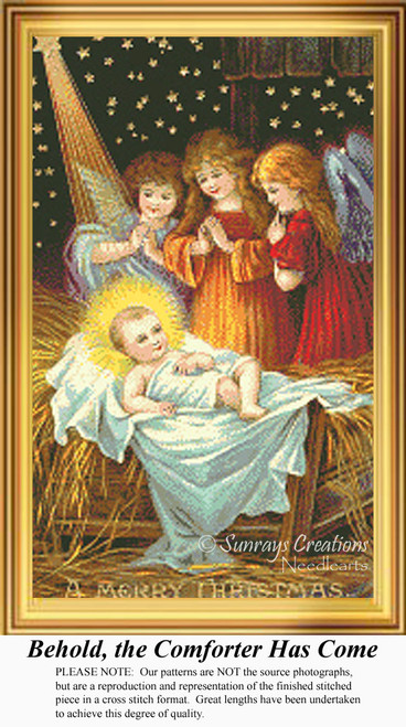 Three angels kneel joyfully around the newborn Jesus in a stable, surrounded by a starry night sky in this counted cross stitch design.