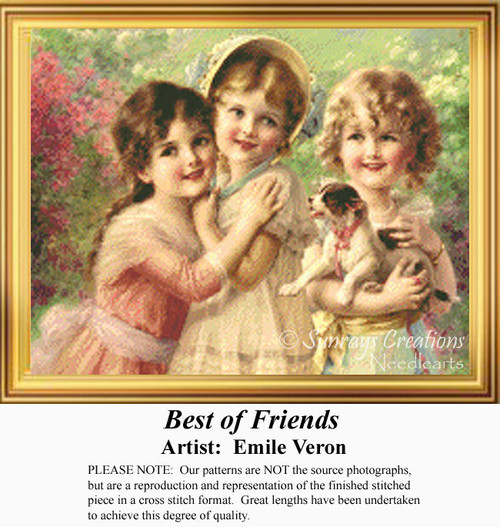Three young girls joyfully embrace each other in a lush garden, transformed into a counted cross stitch pattern by artist Emile Vernon.
