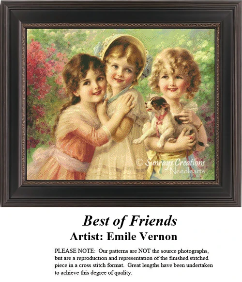 A detailed counted cross-stitch pattern preview of Émile Vernon's painting, "Best of Friends." The Belle Époque French genre design depicts a child with a faithful companion, capturing affectionate trust through soft warm lighting and delicate details.